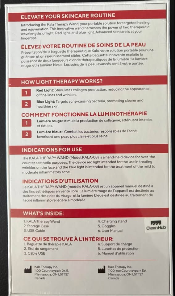Back of the Kala Therapy Wand box showing Canadian manufacturer info